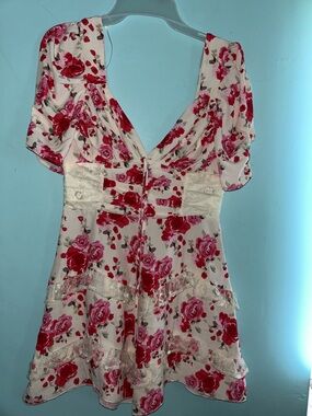 Fashion Nova White Dress with Red & Pink Floral Accents